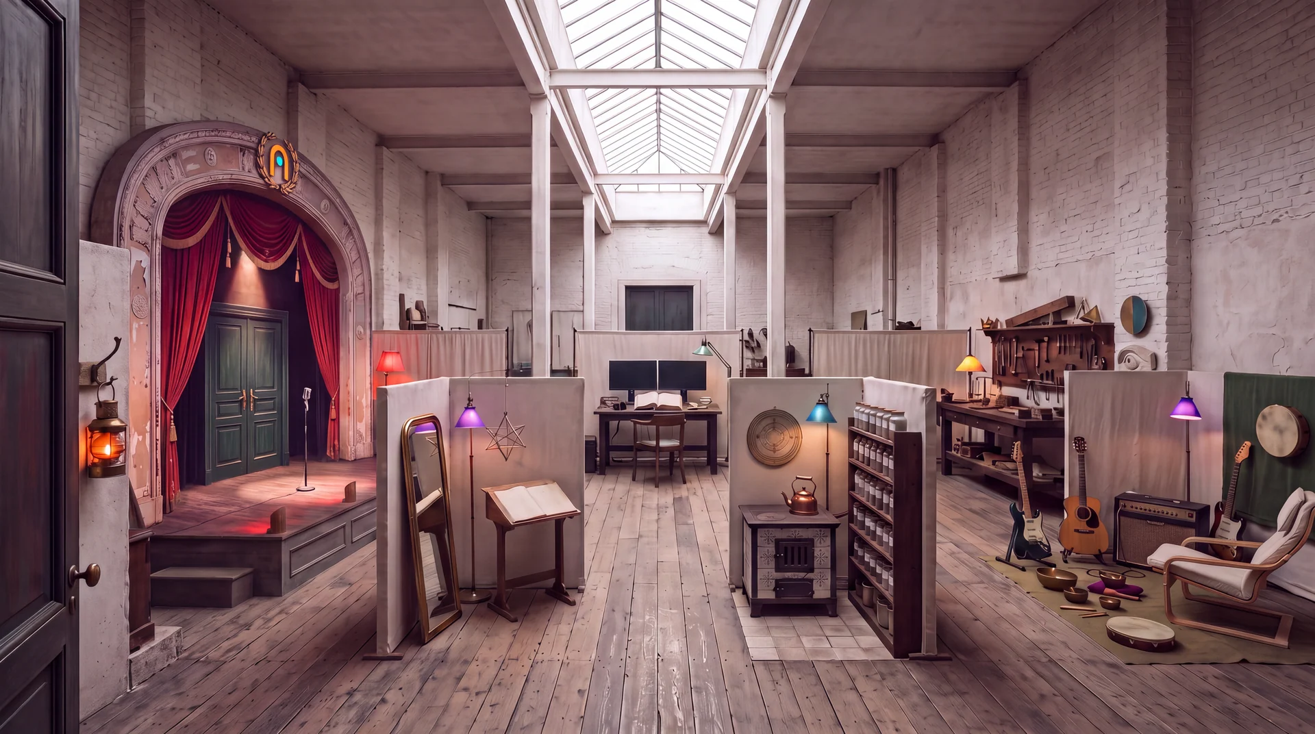 Das Chazon-Studio: eine Halle mit Oberlicht, darin sieben Arbeitsinseln der Crew, jede mit ihrer eigenen Lampe.