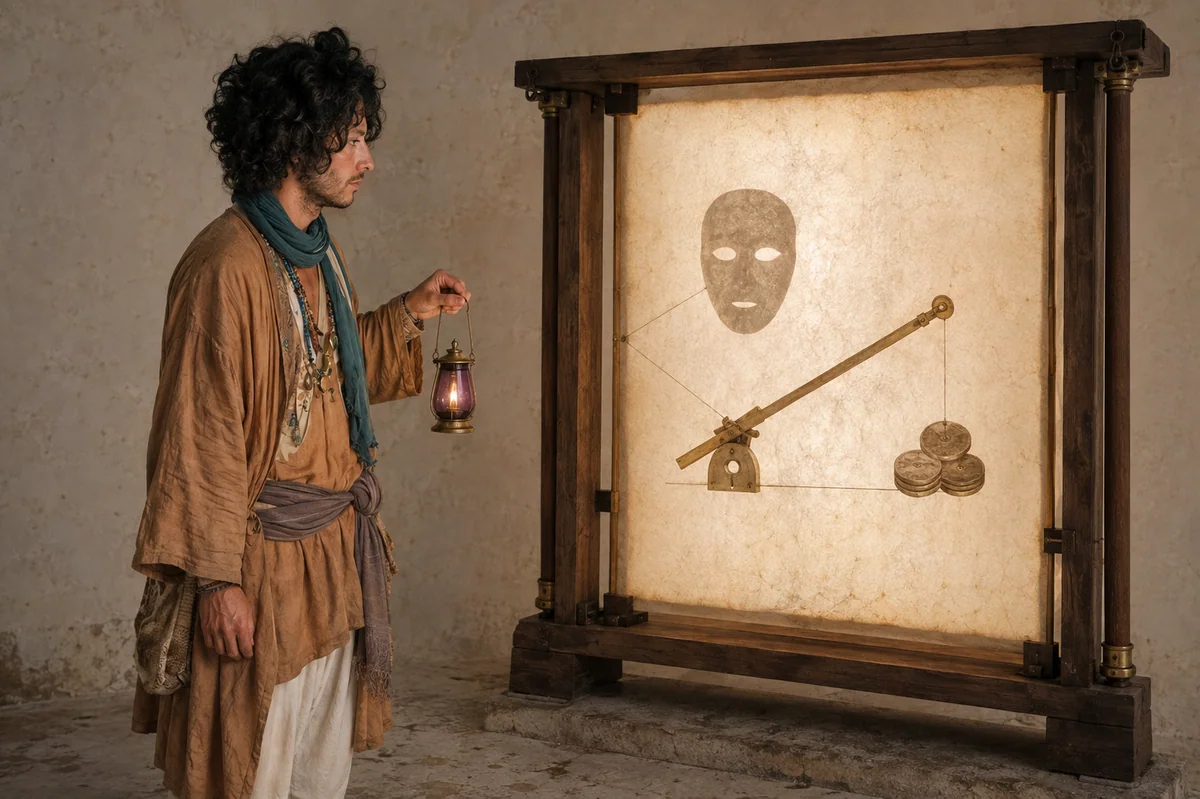 Chai beleuchtet eine Papiertafel, hinter der Maske, Hebel und Münzen sichtbar werden.