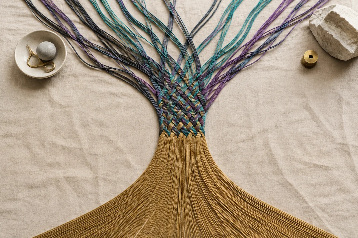 Dunkle, türkise und violette Fäden verflechten sich zu einem breiten goldenen Band.