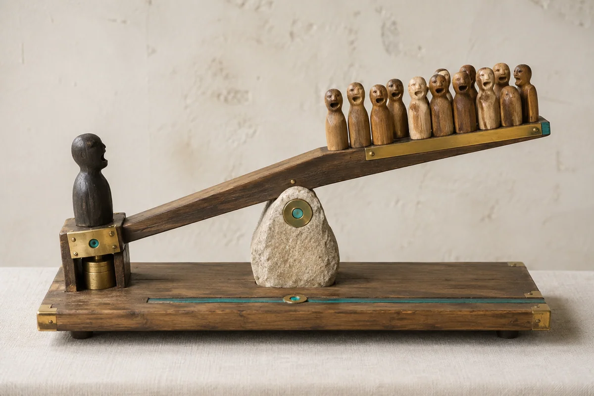 Ein Wippenmodell: Eine einzelne beschwerte Holzfigur hält eine ganze Gruppe am anderen Ende oben.