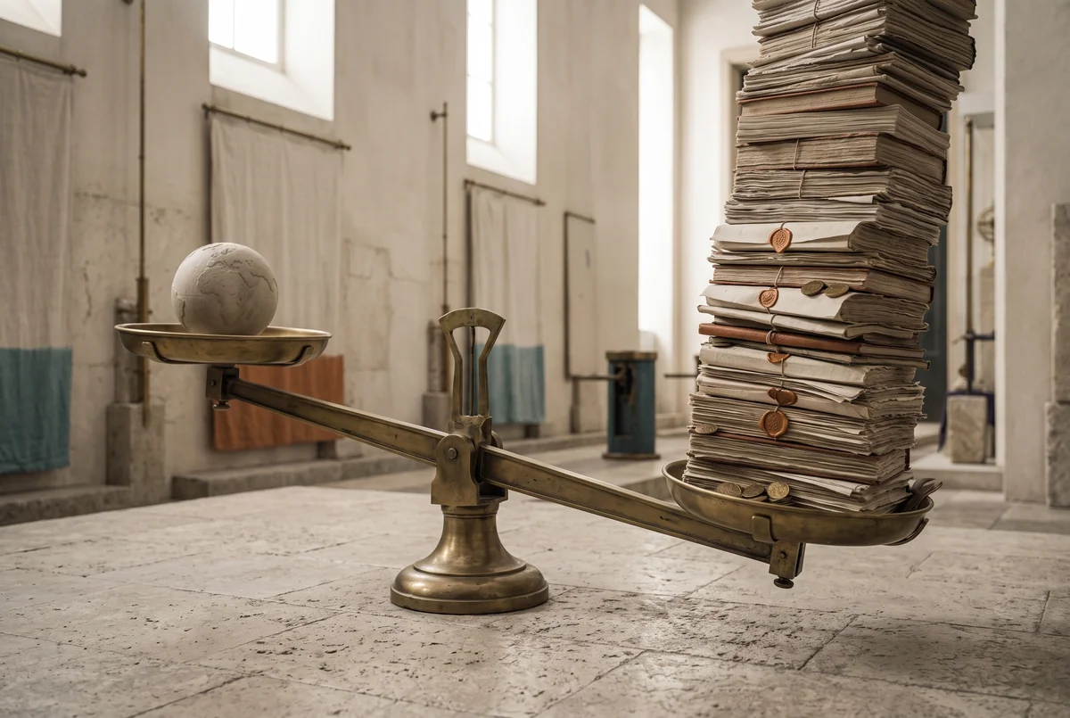 Eine große Messingwaage auf Steinboden: in der einen Schale eine kleine Steinkugel als Planet, in der anderen ein schwankender Turm aus Verträgen, Büchern und Münzen, der über den oberen Bildrand hinauswächst.
