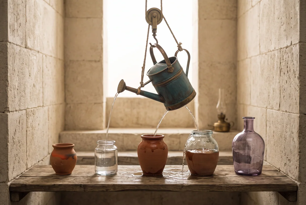 Fünf unterschiedlich geformte Gefäße stehen nebeneinander; eine Gießkanne füllt alle mit demselben Wasser.