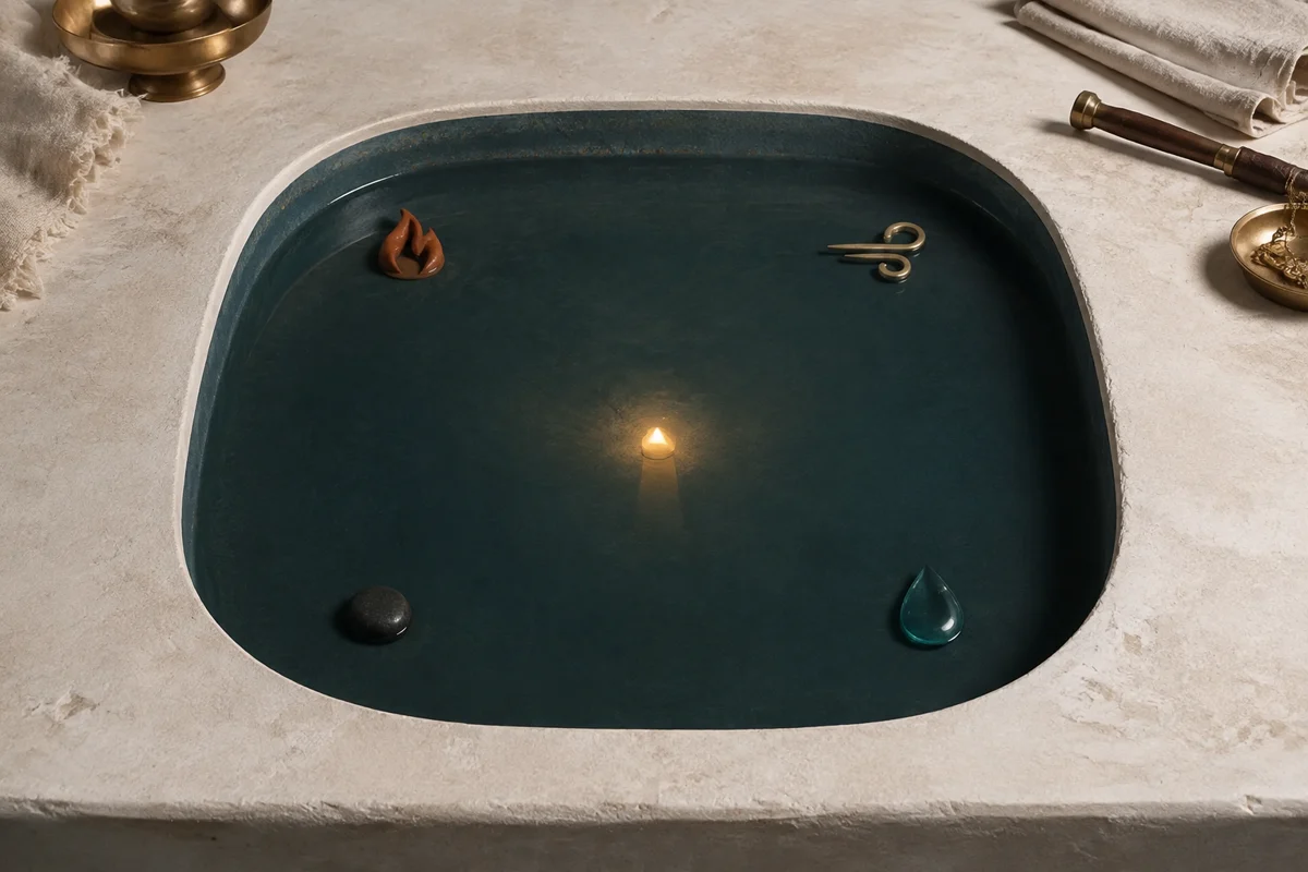 Ein ruhiges teal-farbenes Becken mit einem warmen Lichtpunkt in der Mitte und vier kleinen Elementobjekten: Flamme, Windbogen, Kiesel und Tropfen.
