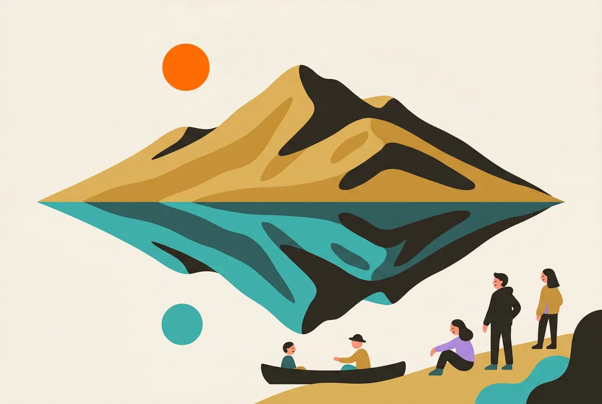 Ein stiller See: oben ein Berg im orangenen Taglicht mit Sonne, unten derselbe Berg gespiegelt in teal-blauer Nacht mit Mond, beide Hälften gleich scharf.