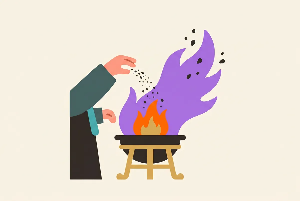 Eine Prise Pulver wird in eine Flamme gestreut, die sich violett färbt.