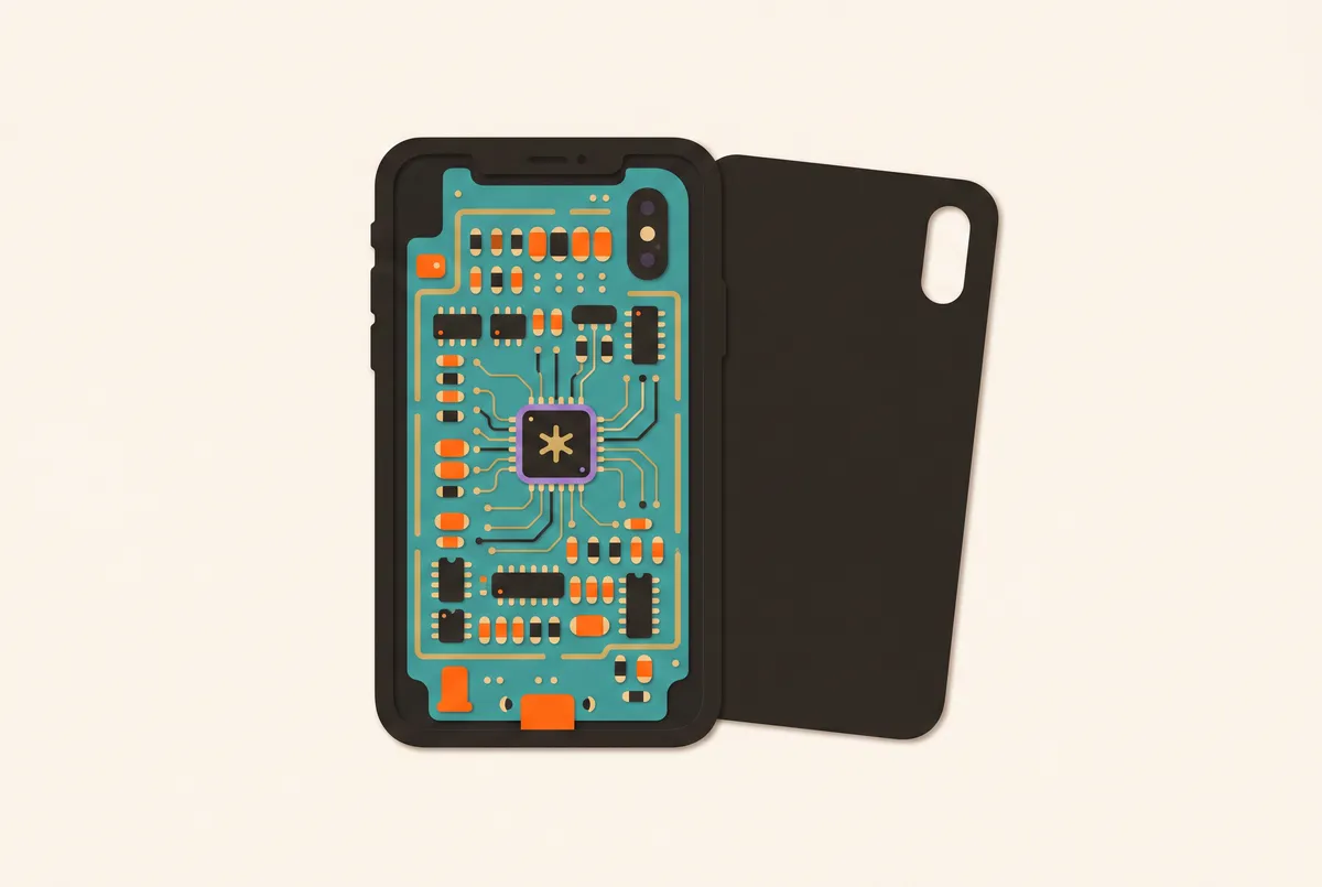 Die geöffnete Rückseite eines Smartphones zeigt eine Platine mit vielen kleinen Bauteilen.