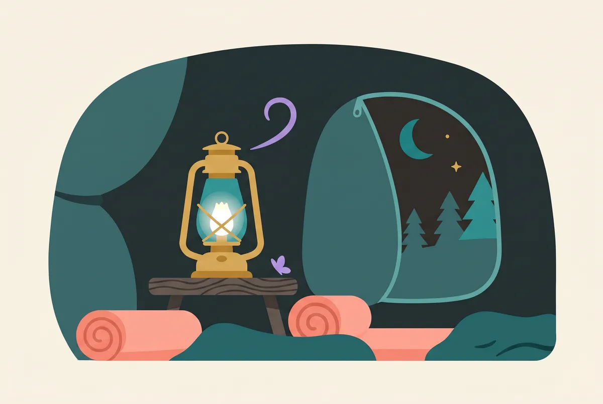 Eine Campinglaterne zischt im Zelt bei Nacht, ihr Glühstrumpf leuchtet hellweiß.